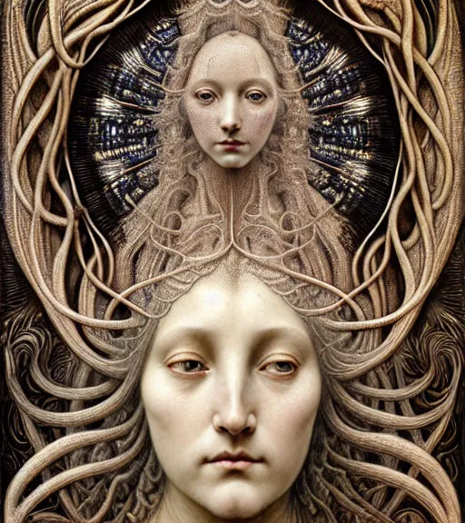 Image similar to detailed realistic beautiful spice goddess face portrait by jean delville, gustave dore, iris van herpen and marco mazzoni, art forms of nature by ernst haeckel, art nouveau, symbolist, visionary, gothic, neo - gothic, pre - raphaelite, fractal lace, intricate alien botanicals, ai biodiversity, surreality, hyperdetailed ultrasharp octane render