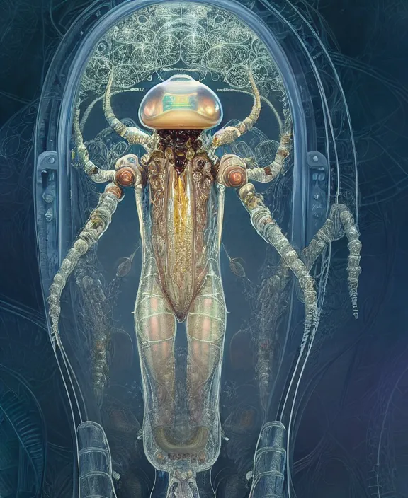 Image similar to intricate ornate opulent transparent clear see - through portrait of a playful beautiful alien beetle, fractal, adorable, childlike, overgrown biopunk jungle environment, ultra realistic, concept art, art nouveau, photorealistic, octane render, 8 k, unreal engine. art by christopher marley and artgerm and greg rutkowski and alphonse mucha