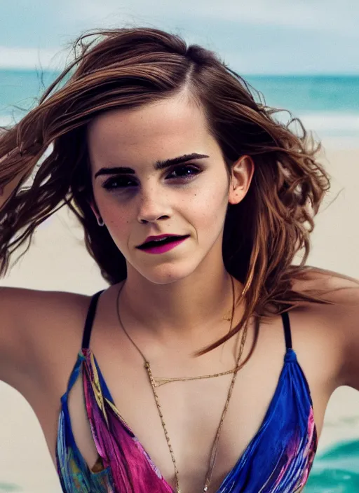 Image similar to Emma Watson for Victorian Secret, perfect face, hot summertime hippie, psychedelic swimsuit, lies, sandy beach, cloudy day, full length shot, shooting angle from below, XF IQ4, 150MP, 50mm, f/1.4, ISO 200, 1/160s, natural light, Adobe Photoshop, Adobe Lightroom, DxO Photolab, Corel PaintShop Pro, rule of thirds, symmetrical balance, depth layering, polarizing filter, Sense of Depth, AI enhanced