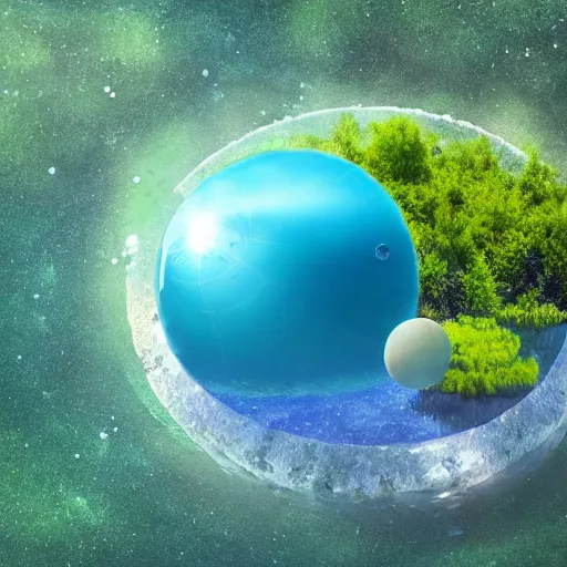 Prompt: spherical planetary view of a clear water planet with green plants grown throughout and floating on top, realistic, high detail, 4 k, clear water, lily pad, planet, water planet, profile picture, nostalgic