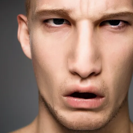 Prompt: a guy with a terrible ugly absurde haircut, studio lighting, head close up