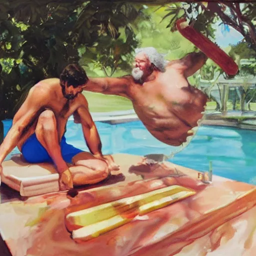 Image similar to An eric Fischl painting of Socrates eating a translucent hemlock popsicle at the last pool party bbq he will ever attend, i cloud of fire