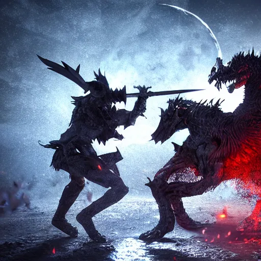 Prompt: Fight between a powerful demon and a knight , volumetric lighting, moon light, hyperrealistic, beautiful details, HDR, octane render, action shot, wide angle, horror theme, cinematic,