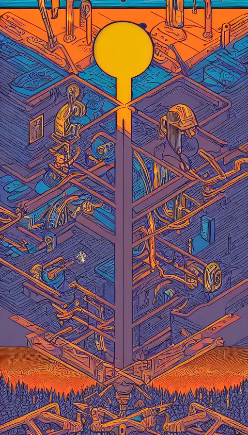 Prompt: the two complementary forces that make up all aspects and phenomena of life, by dan Mumford