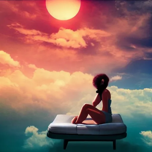 Image similar to beautiful woman laying on a sun lounge amongst the clouds leaving little to the imagination, dreamy, retro futuristic, surreal, realistic