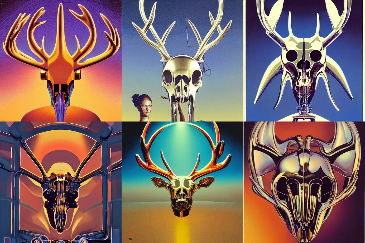 Prompt: A symmetry propaganda, chrome mechanical Deer skull head by moebius, by angus mckie, by rhads