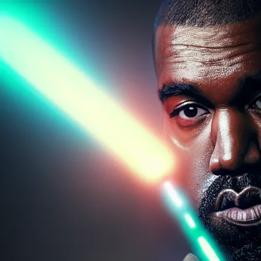 Image similar to Portrait of Kanye West as a jedi in Star Wars, holding lightsabre. splash art, cinematic lighting, dramatic, octane render, long lens, shallow depth of field, bokeh, anamorphic lens flare, 8k, hyper detailed, 35mm film grain