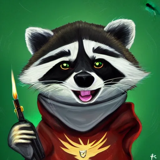 Prompt: a raccoon in a green, hooded rouge outfit with gold accents holding dagger made of fire, trending on art station