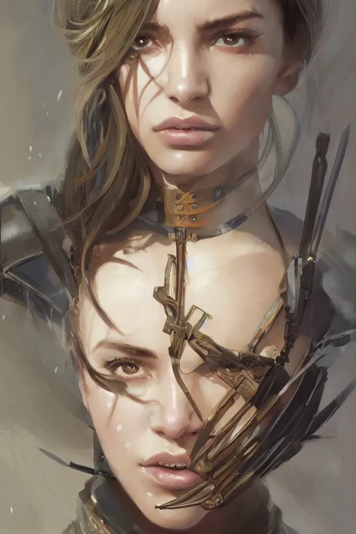 Image similar to a professionally painted portrait of an attractive young woman, clothed in military armor, olive skin, long dark hair, beautiful bone structure, symmetrical facial features, intricate, elegant, digital painting, trending on Artstation, concept art, smooth, sharp focus, illustration, from Metal Gear by Ruan Jia and Mandy Jurgens and Artgerm and William-Adolphe Bouguerea, award winning