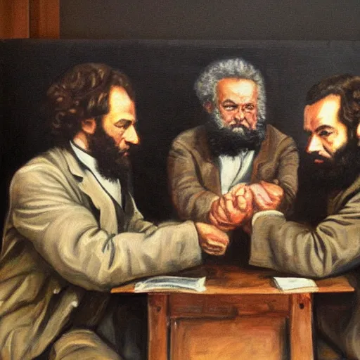 Image similar to oil painting of karl marx and emmanuel macron arm wrestling