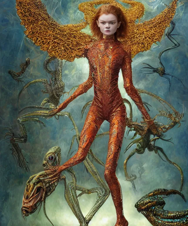 Prompt: a portrait photograph of a hunting fierce sadie sink as a strong alien harpy queen with amphibian skin. she is dressed in a fiery lace shiny metal slimy organic membrane catsuit and transforming into a insectoid snake bird. by donato giancola, walton ford, ernst haeckel, peter mohrbacher, hr giger. 8 k, cgsociety