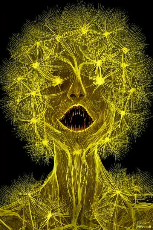 Image similar to glowing luminescent dandelion humanoid figure monster, symmetrical, highly detailed, digital art, sharp focus, trending on art station, amber eyes, autumnal colours