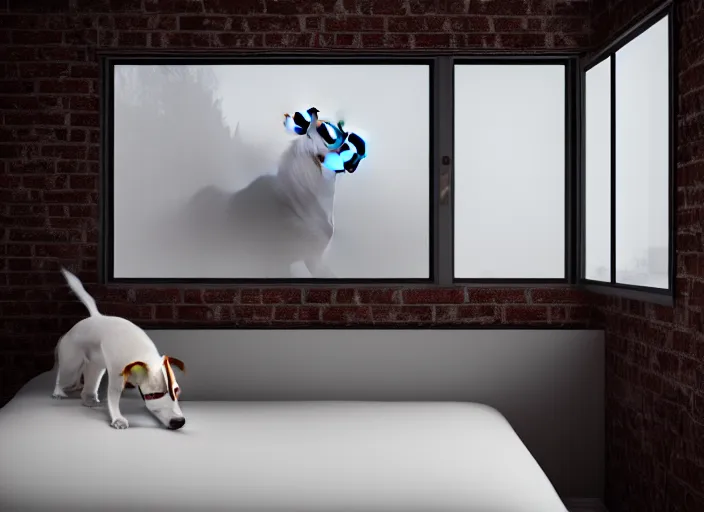 Image similar to photography of a Jack Russel watching outside the window on a bed in a 3d rendered white room, octane render, 3d, foggy, volumetric light, volumetric fog, photorealistic, unreal engine 5