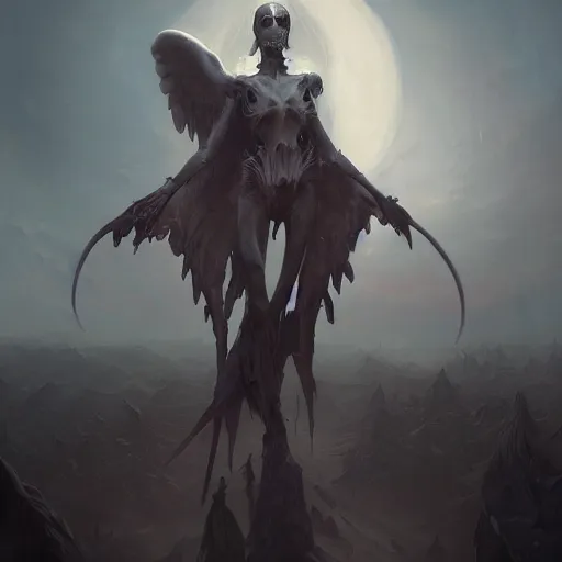 Prompt: beautiful angel of death stands in a field of bones, highly detailed matte fantasy painting, cinematic lighting, DeviantArt Artstation, by Peter Mohrbacher,