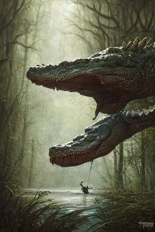 Image similar to a man fighting a giant alligator in a swamp by tomasz alen kopera.
