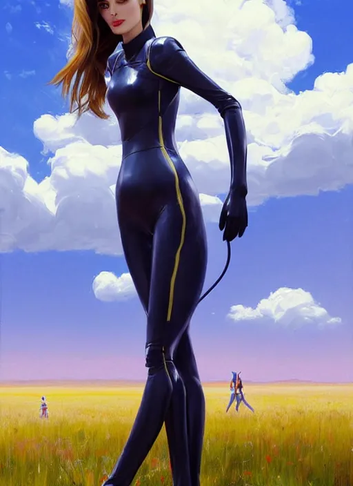 Image similar to full body portrait of a combination of Ashley Greene, Victoria Justice and Adriana Dxim, Grace Kelly and Lily Collins wearing a Plugsuit from Neon Genesis Evangelion, countryside, calm, fantasy character portrait, dynamic pose, above view, sunny day, thunder clouds in the sky, artwork by Jeremy Lipkin and Giuseppe Dangelico Pino and Michael Garmash and Rob Rey and Greg Manchess and Huang Guangjian, very coherent asymmetrical artwork, sharp edges, perfect face, simple form, 100mm