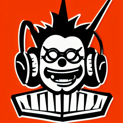 Image similar to svg vector sticker of absolutely insane-mad-scientist-villain, rocking out, wearing headphones, huge speakers, dancing, rave, DJ, spinning records, digital art, amazing composition, rule-of-thirds, award-winning, trending on artstation, featured on deviantart