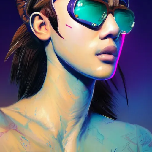 Prompt: very detailed masterpiece closeup painting of a very beautiful young indonesian cyberpunk woman with light blue shutter shades, one side haircut, brown hair with light blue ends, purple leather jacket, beauty mark on cheek, portrait, synthwave background, artstation, concept art by greg rutkowski
