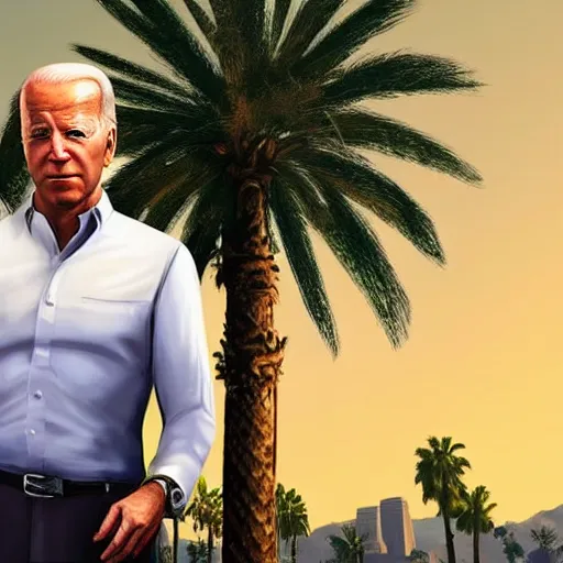 Image similar to Joe Biden in GTA V. Los Santos in the background, palm trees. In the art style of Stephen Bliss