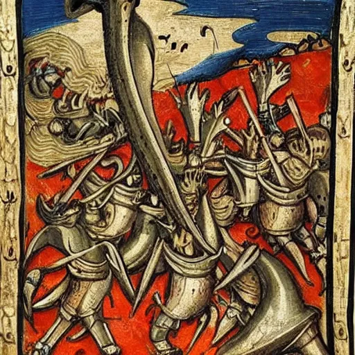 Image similar to medieval european art depicting a giant alien squid attacking a group of knights in a field, very detailed, very intricate,