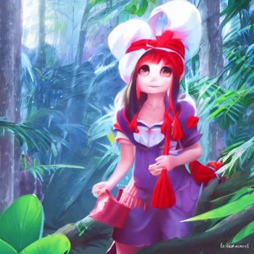 Image similar to a christopher balaskas of reimu in the jungle wearing bonnet