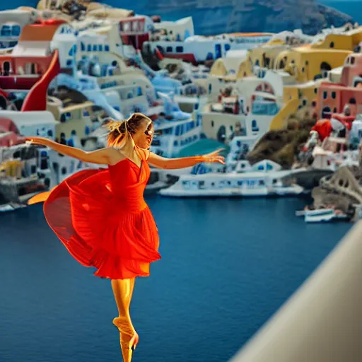 Image similar to beautiful modern dancer wearing a red, yellow, blue swirling dress, standing on a Santorini terrace looking down into the ocean, trending on artstation, cinematic, photorealistic