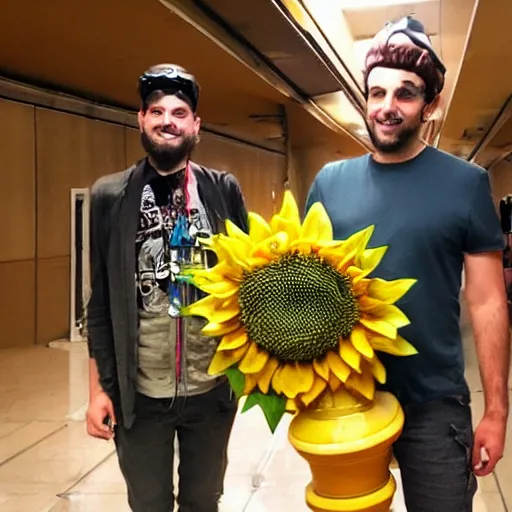 Image similar to ethan klein as a steampunk robot holding a large sunflower in a long futuristic hallway