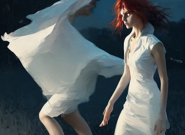 Image similar to white dress girl chasing from grim reaper, messy hair, messy lines, scared face, beautiful and aesthetic and attractive and detailed face, dramatic situation, specular reflection, occlusion shadow, intricate, bokeh, by ilya kuvshinov and jeremy lipking and quentin mabille