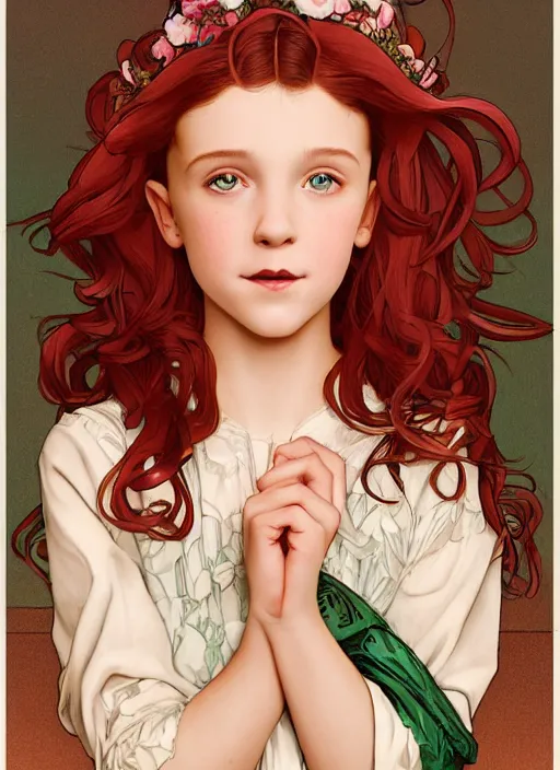 Prompt: well - lit art nouveau portrait of a 1 3 - year old girl who resembles millie bobby brown with a blushing, embarrassed expression with open mouth, with red hair as a bride, natural lighting, path traced, highly detailed, high quality, cartoon, digital painting, by don bluth and ross tran and studio ghibli and alphonse mucha