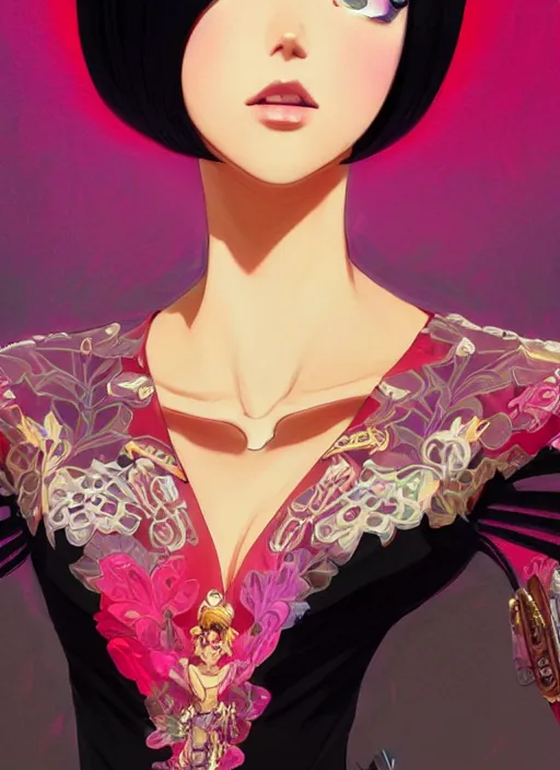 Prompt: a beautiful girl with black hair in 1970's fashion, ballroom background, intricate, highly detailed, digital painting, artstation, official media, anime key visual, concept art, rich vivid colors, ambient lighting, sharp focus, illustration, art by Artgerm, Makoto Shinkai, Ilya Kuvshinov, Lois Van Baarle, and Rossdraws