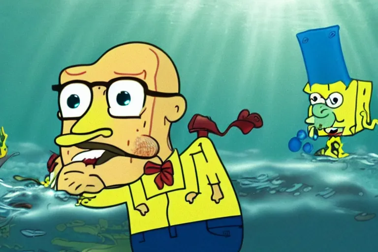 Prompt: walter white in spongebob squarepants, film still, underwater, hyperrealistic, dramatic lighting,