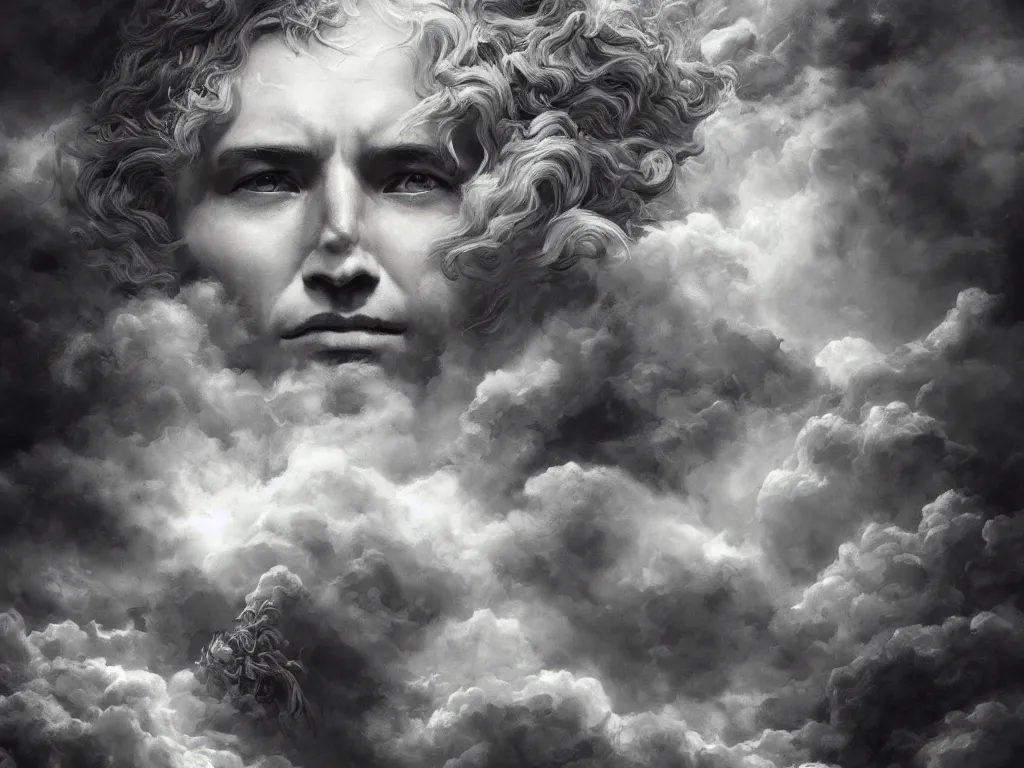 Image similar to demigod in the clouds, face made out of clouds, dramatic, intricate, elegant, highly detailed, digital painting, artstation, concept art, smooth, sharp focus, illustration, art by gustave dore, octane render