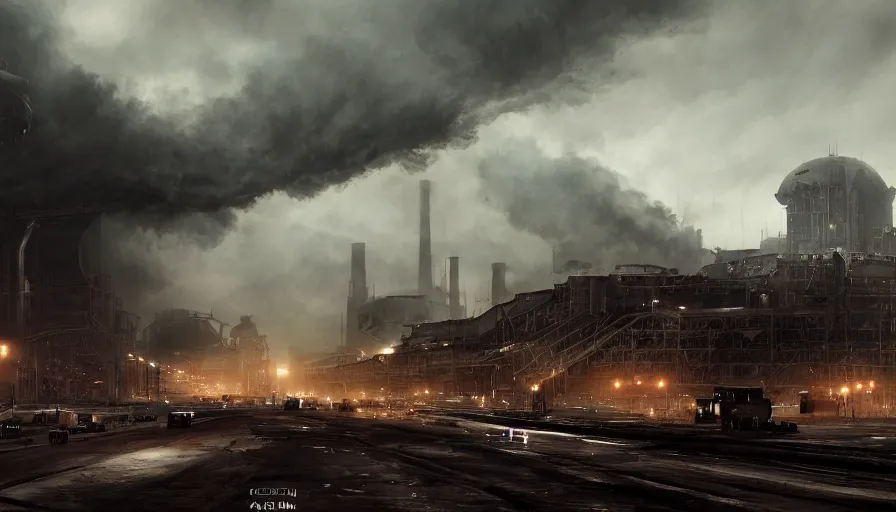 Image similar to Dieselpunk Norilsk city, giant zeppelins in the sky, steam, factory plants with dark smoke in the background, epic composition, intricate, elegant, volumetric lighting, digital painting, highly detailed, artstation, sharp focus, illustration, concept art, ruan jia, steve mccurry