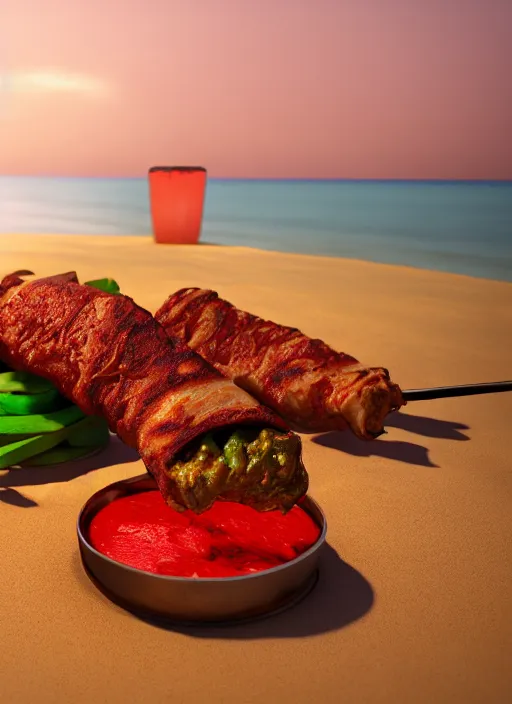 Prompt: kebab in batter on the beach with red water and green sand, ultra detailed, trending on artstation, concept art, octane render, unreal engine,