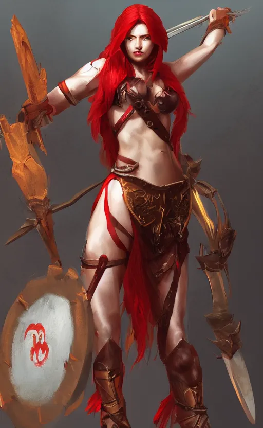 Image similar to full body concept art of a warrior princess with back to the camera, medium length red hair, by stanley lau, rim lighting, sharp focus, trending on artstation