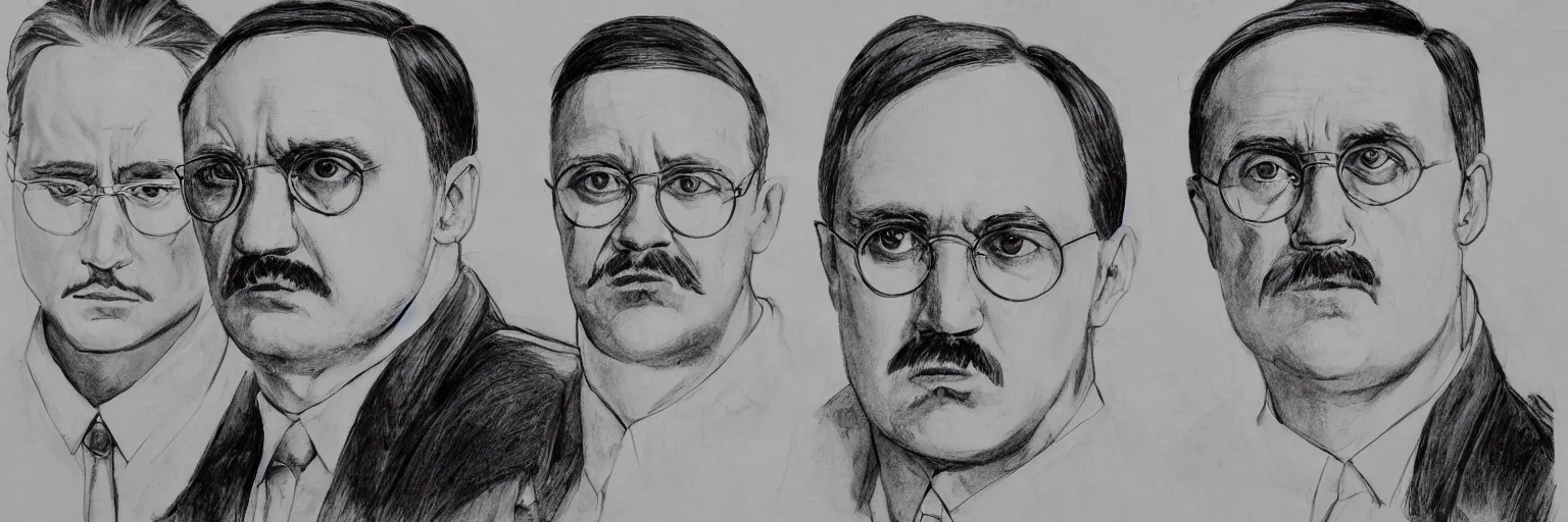 Prompt: character study of mike patton and hitler, modern clothing, white shirt, clear, evil, glasses, character sheet, fine details, concept design, contrast, kim jung gi, da vinci and pixar, trending on artstation, 8 k, full body and head, turnaround, front view, back view, ultra wide angle