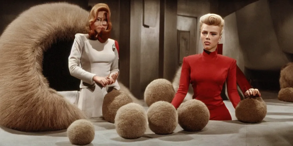 Prompt: Scarlett Johansson and Tribbles in a scene from Star Trek the original series