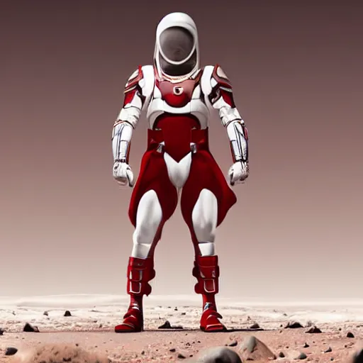 Image similar to portrait of a tall athletic muscular infantry man in glossy sleek white armor with tiny red details and a long red cape, heroic posture, on the surface of mars, night time, dramatic lighting, cinematic, sci-fi, hyperrealistic, movie still