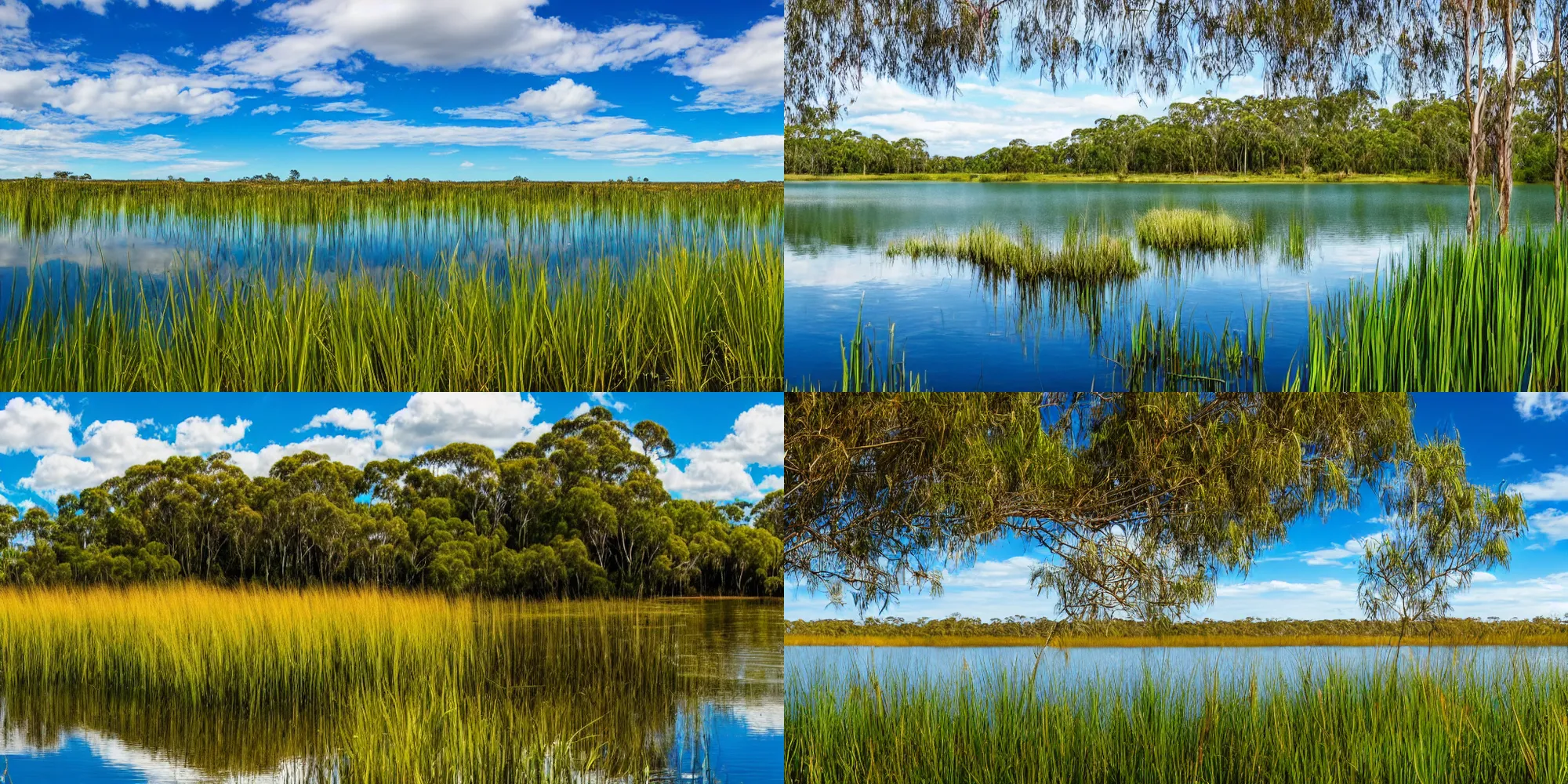 Prompt: Beautiful still lake surrounded by reeds, australia, native trees in background, lime colored plants in foreground, blue sky with clouds, photography, 4k, wallpaper