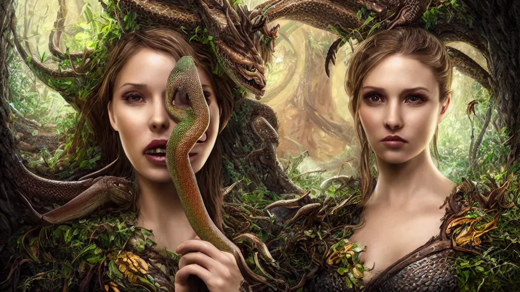Image similar to portrait high definition photograph beautiful woman with a snake tongue holding a dragon fantasy character art, hyper realistic, pretty face, hyperrealism, iridescence water elemental, snake skin armor forest dryad, woody foliage, 8 k dop dof hdr fantasy character art, by aleski briclot and alexander'hollllow'fedosav and laura zalenga