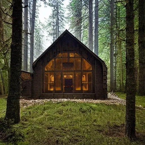 Image similar to an Eerie cabin in the middle of the woods in the style of Leonardo DaVinci