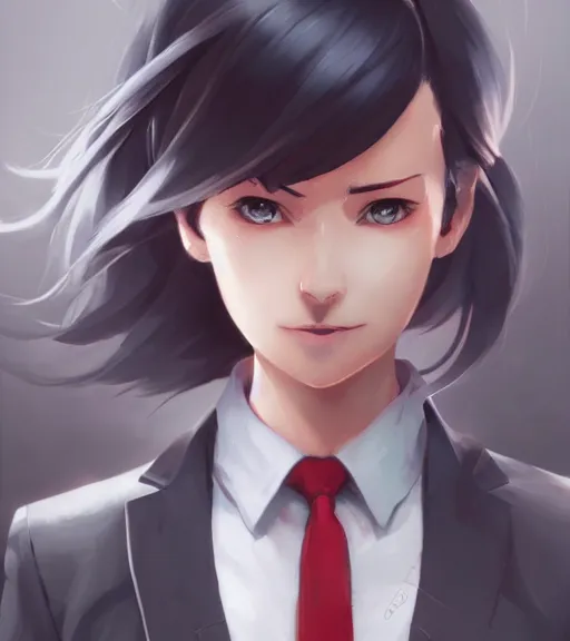 Prompt: a girl in a business, close up, sharp focus, red necktie and grey hair, digital painting, by tran ross and jordan grimmer and greg rutkowski, anime art, artstation, hd, smooth,