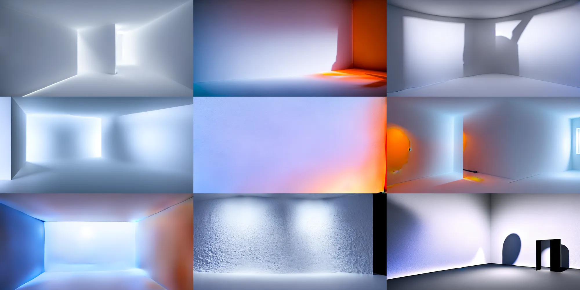 Prompt: photogrammetry polycam lidar 3 d scan on very beautiful white wall with beautiful contrast of light and shadow, orange to blue gradient luminescence, optical illusion, close - up, in focus, reflection