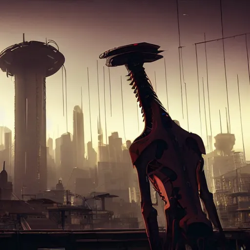 Prompt: tallneck in cyberpunk city