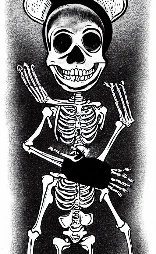 Prompt: a retro Halloween drawing of a skeleton with a cat head