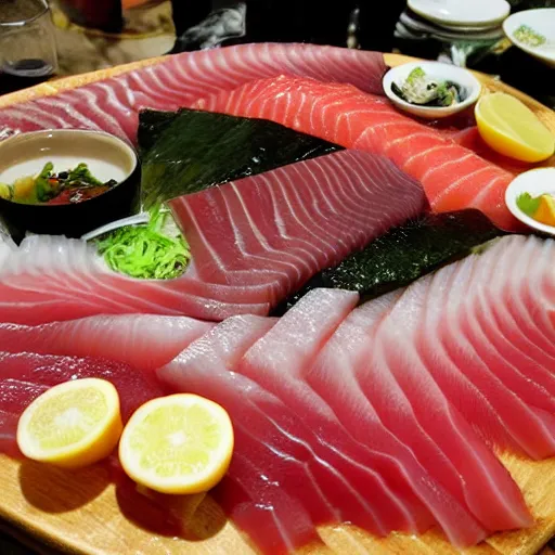 Prompt: gigantic huge massive plate pile of gourmet top quality sashimi photograph