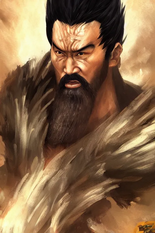 Image similar to a full body high detail fantasy portrait oil painting illustration of heihachi mishima by justin sweet with face and body clearly visible, in a scenic background, pretty eyes, realistic proportions, d & d, rpg, forgotten realms, artstation trending, high quality, sombre mood, artstation trending, muted colours, entire person visible!