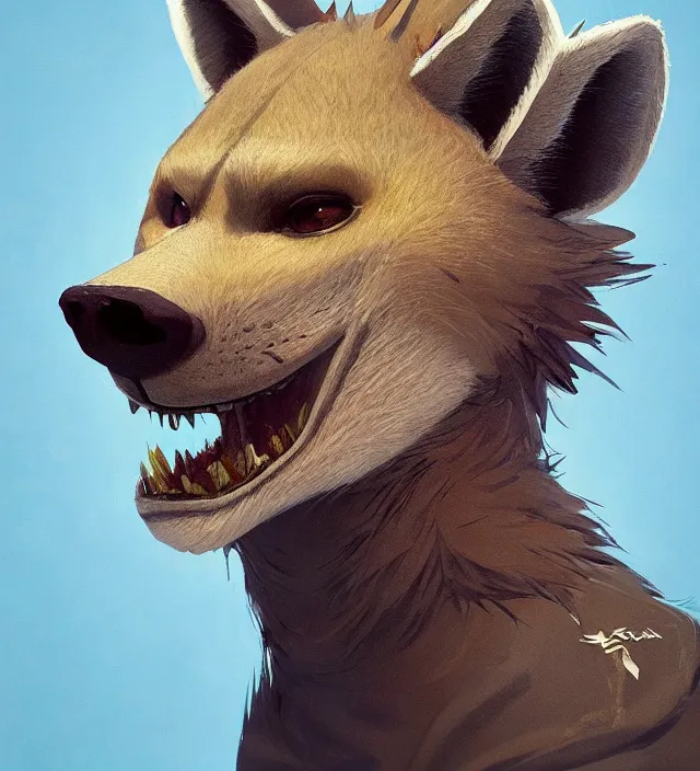 Image similar to a beautiful portrait of a handsome male anthropomorph brown hyena furry fursona wearing a hoodie. character design by cory loftis, fenghua zhong, ryohei hase, ismail inceoglu and ruan jia. artstation, volumetric light, detailed, photorealistic, rendered in octane