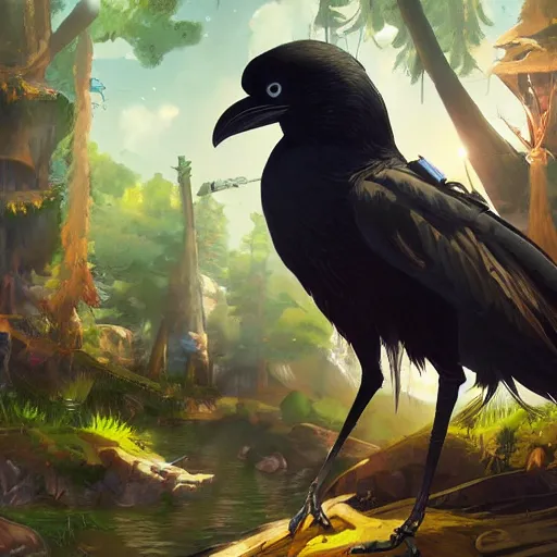 Image similar to concept art painting of an anthropomorphic crow with steampunk clothes, in the deep forest, realistic, detailed, cel shaded, in the style of makoto shinkai and greg rutkowski and james gurney