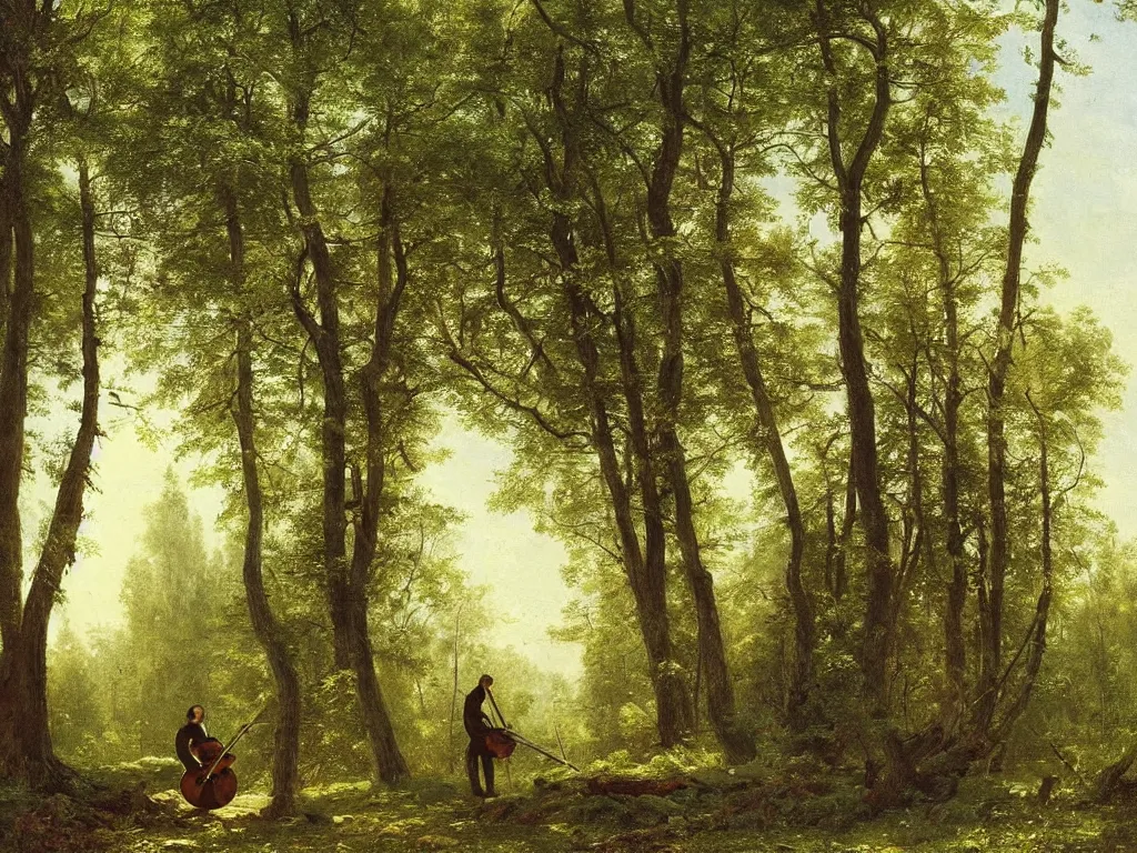 Prompt: forest scene with one cello leaning on a tree, intricate, beautiful, highly detailed, elegant, artstation, concept art, smooth and sharp focus, illustration, painting by ivan shishkin albert bierstadt isaak ilyich levitan